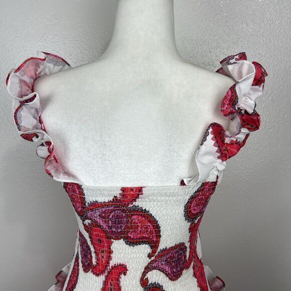 Taroo Dress Women Medium White Red Ruffled Smocked Fit Flare Mini Casual Party - Picture 11 of 12